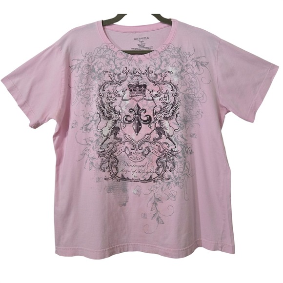 Sonoma Life + Style Tops - Sonoma Women's 1X Boho Pink Graphic Tee Heraldic Crest Rhinestone Cotton Shirt